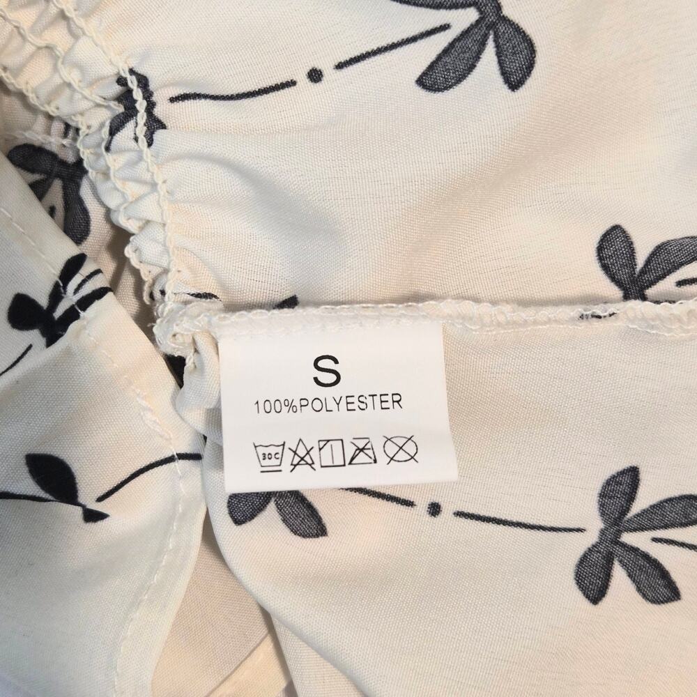 Win Ari Boutique Bow Strap Tied Blouse Cream Black Smocked Peplum Top Small NWT - Picture 7 of 8